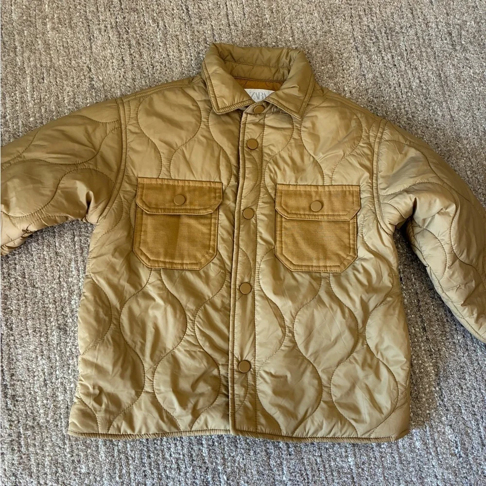 Zara Kids Tan Quilted Puffer Jacket Size 6-7 Snap Closure